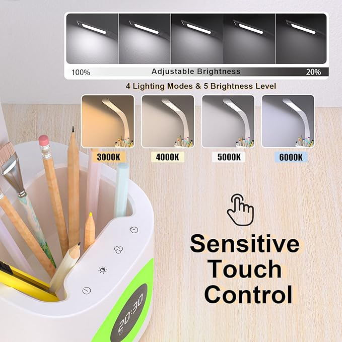 YOUKOYI LED Desk Lamp with Clock, Kids Desk Lamp, 10W Dimmable Study Lamp with Pen Holder, 4 Lighting Modes&5 Brightness Level with Color Changing Nightlight, Desk Lamps for Home Office, Gift for Kids - LeafyLoom