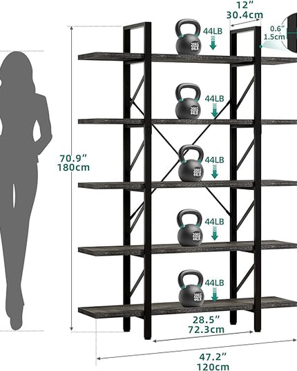 YITAHOME 5 Tier Bookshelf, 70.9" Tall Industrial Bookcase, Wide Open Display Storage Book Shelf for Living Room/Bedroom/Home/Office, Charcoal Gray - LeafyLoom