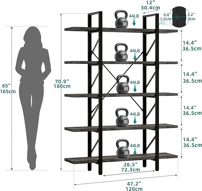 YITAHOME 5 Tier Bookshelf, 70.9" Tall Industrial Bookcase, Wide Open Display Storage Book Shelf for Living Room/Bedroom/Home/Office, Charcoal Gray - LeafyLoom