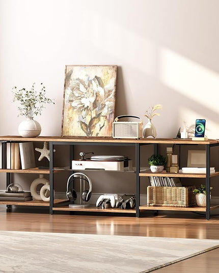HOOBRO LED TV Stand for 75 Inch TVs with Charging Station, Gaming Entertainment Center with Open Storage, Media TV Console Table, TV Stand for Living Room, Bedroom, Rustic Brown and Black BF21UDDS01 - LeafyLoom