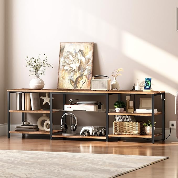 HOOBRO LED TV Stand for 75 Inch TVs with Charging Station, Gaming Entertainment Center with Open Storage, Media TV Console Table, TV Stand for Living Room, Bedroom, Rustic Brown and Black BF21UDDS01 - LeafyLoom