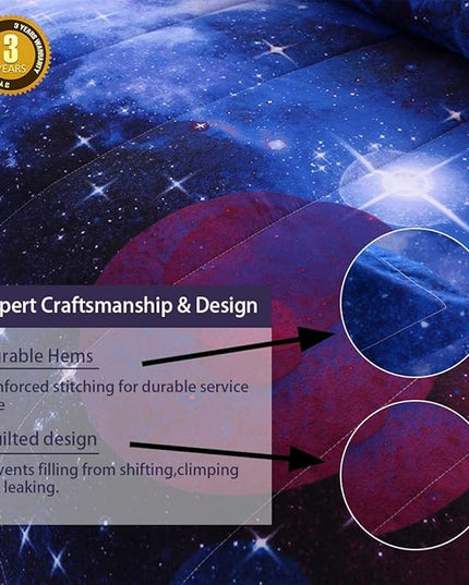 JQinHome Twin Galaxy Comforter Sets Blanket, 3D Outer Space Themed Bedding, All-Season Reversible Quilted Duvet, for Children Boy Girl Teen Kids - includes 1 Comforter, 1 Pillow Sham (Dark Blue) - LeafyLoom