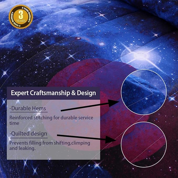 JQinHome Twin Galaxy Comforter Sets Blanket, 3D Outer Space Themed Bedding, All-Season Reversible Quilted Duvet, for Children Boy Girl Teen Kids - includes 1 Comforter, 1 Pillow Sham (Dark Blue) - LeafyLoom