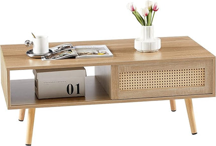 41.34" Morden Rattan Coffee table with Sliding Door for Storage, Modern Rectangular Solid Wood Coffee Table for Living Room - LeafyLoom