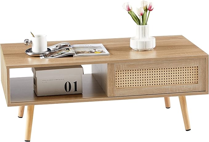 41.34" Morden Rattan Coffee table with Sliding Door for Storage, Modern Rectangular Solid Wood Coffee Table for Living Room - LeafyLoom