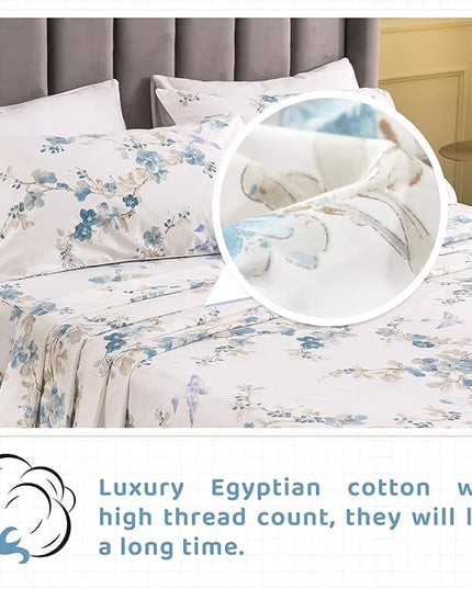 QSH Floral Queen Size Sheet Sets - Elegant Bird Tree Branch Blossom Printed Bedding 100% Egyptian Cotton Sheets Queen Size Deep Pockets 17.5" Extra Soft and Breathable 4pcs - LeafyLoom