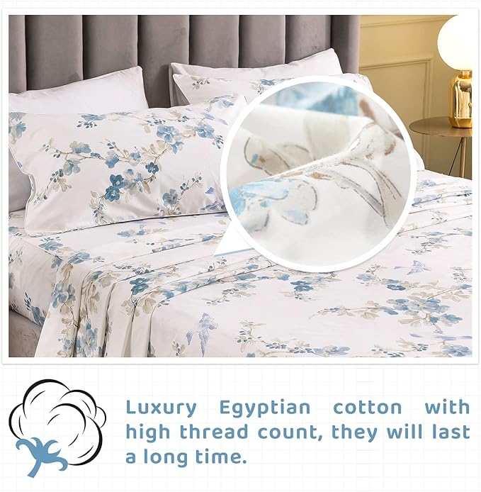 QSH Floral Queen Size Sheet Sets - Elegant Bird Tree Branch Blossom Printed Bedding 100% Egyptian Cotton Sheets Queen Size Deep Pockets 17.5" Extra Soft and Breathable 4pcs - LeafyLoom