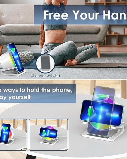15 W Wireless Charger with Bluetooth Speaker and Night Light Induction Wireless Chargers with 5 RGB Light Modes Touch Dimmable Bedside Lamp Gifts for Women and Men - LeafyLoom