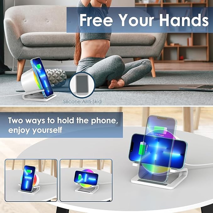 15 W Wireless Charger with Bluetooth Speaker and Night Light Induction Wireless Chargers with 5 RGB Light Modes Touch Dimmable Bedside Lamp Gifts for Women and Men - LeafyLoom