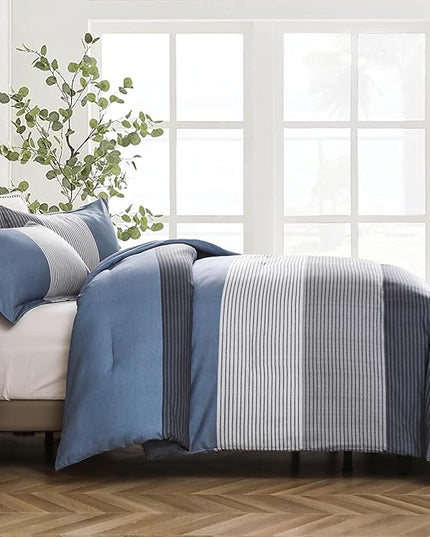 WONGS BEDDING Comforter Set Queen Size, Reversible Blue Grey Striped Patchwork Alternative Comforter for Queen Bed,3 Pieces (1 Comforter+2 Pillowcases), Soft Microfiber Bedding Duvet Set 90”×90” - LeafyLoom
