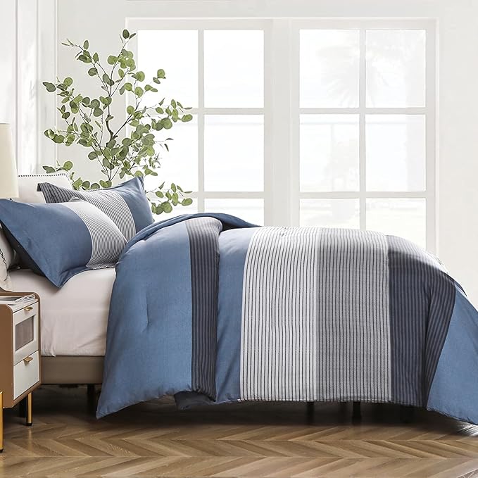 WONGS BEDDING Comforter Set Queen Size, Reversible Blue Grey Striped Patchwork Alternative Comforter for Queen Bed,3 Pieces (1 Comforter+2 Pillowcases), Soft Microfiber Bedding Duvet Set 90”×90” - LeafyLoom