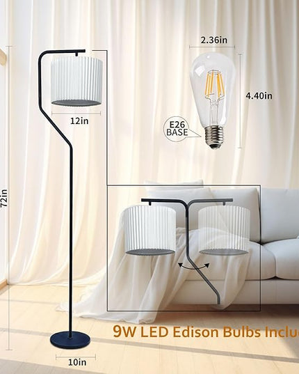 Floor Lamp,9W LED Edison Bulbs Included，Standing Lamp with 350 Adjustable Pleated Lampshade, 72" Tall Pleated Floor Lamp for Living Room Bedroom Office Classroom Dorm Room - LeafyLoom
