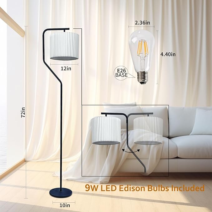 Floor Lamp,9W LED Edison Bulbs Included，Standing Lamp with 350 Adjustable Pleated Lampshade, 72" Tall Pleated Floor Lamp for Living Room Bedroom Office Classroom Dorm Room - LeafyLoom