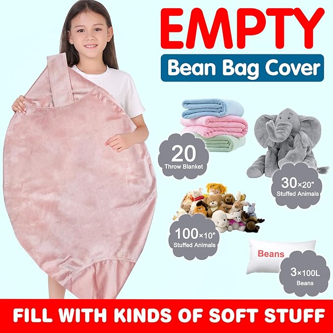Lukeight Stuffed Animal Storage Bean Bag Chair Cover for Kids, Zipper Beanbag Chair Cover for Organizing Toddler & Kids' Rooms Plush Toys (Pink Velvet, XX-Large) - LeafyLoom