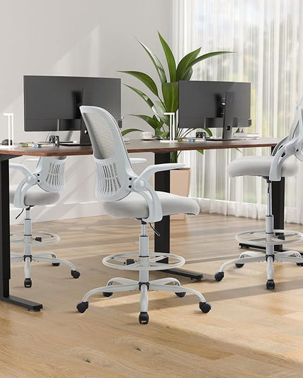 Sweetcrispy Home Office Drafting Desk Chair - Ergonomic High Stool Computer with Adjustable Height and Comfy Lumbar Support, Tall Rolling Task for Standing Desk with Flip-up Arm and Footrest, Grey - LeafyLoom