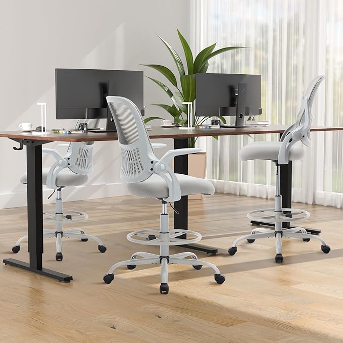 Sweetcrispy Home Office Drafting Desk Chair - Ergonomic High Stool Computer with Adjustable Height and Comfy Lumbar Support, Tall Rolling Task for Standing Desk with Flip-up Arm and Footrest, Grey - LeafyLoom