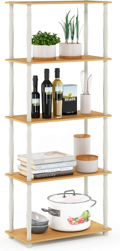 Furinno Turn-N-Tube 5-Tier Multipurpose Shelf / Display Rack / Storage Shelf / Bookshelf, Classic Tubes, Beech/White - LeafyLoom