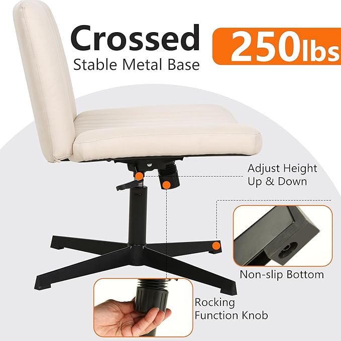 FDW Criss Cross Chair Armless Cross Legged Office Desk Chair Adjustable Swivel Ergonomic Desk Chair No Wheels U Shaped Backrest with Wide Seat Native Sponge Computer Task Vanity Chair for Home Office - LeafyLoom