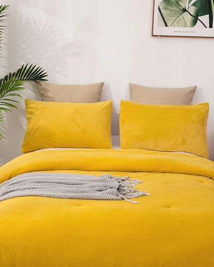 Wellboo Mustard Yellow Velvet Comforter Sets King Size Solid Fluffy Turmeric Yellow Bedding Comforters Plain Dark Yellow Sherpa Quilts Soft Warm Winter Flannel Plush Blanket Luxury Shaggy Crystal Bed - LeafyLoom