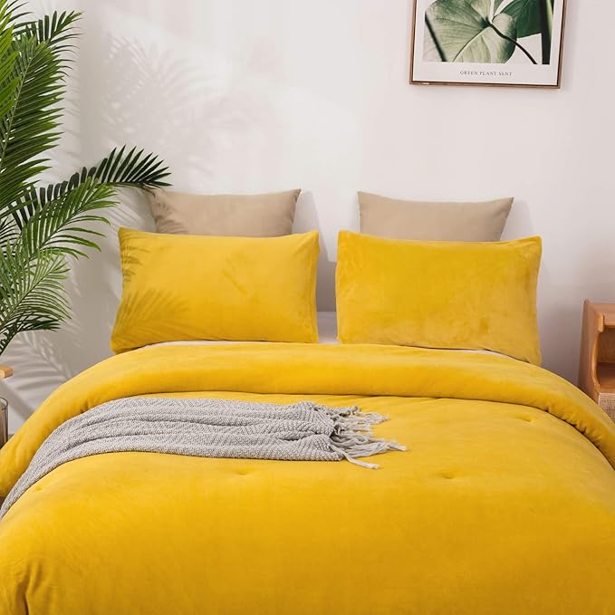 Wellboo Mustard Yellow Velvet Comforter Sets King Size Solid Fluffy Turmeric Yellow Bedding Comforters Plain Dark Yellow Sherpa Quilts Soft Warm Winter Flannel Plush Blanket Luxury Shaggy Crystal Bed - LeafyLoom
