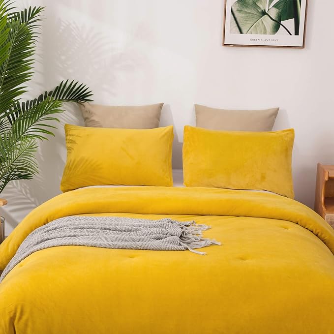 Wellboo Mustard Velvet Comforter Sets Queen Women Turmeric Yellow Fluffy Bedding Comforters Teen Girls Dark Yellow Plush Quilts Soft Warm Winter Flannel Blankets Solid Yellow Luxury Shaggy Crystal Bed - LeafyLoom