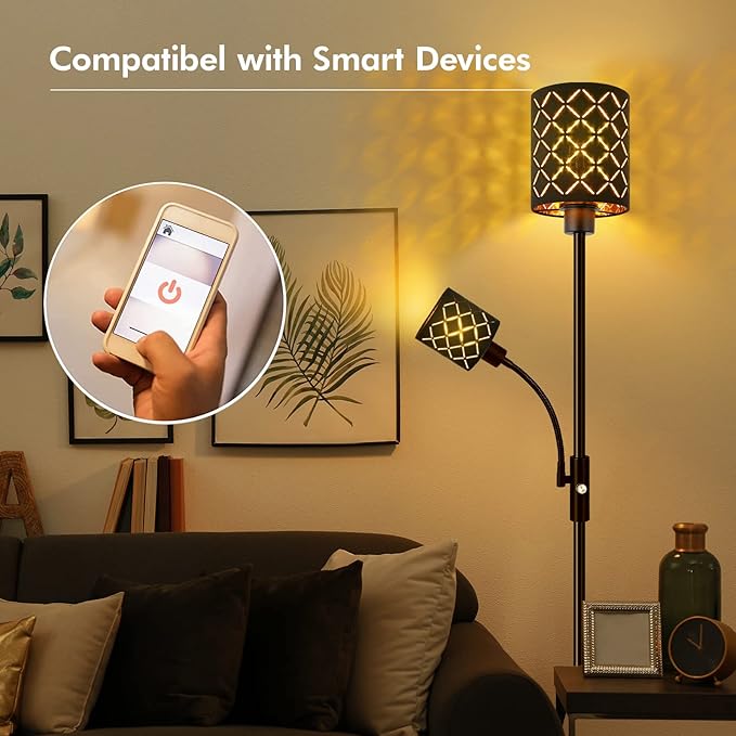 Industrial Floor Lamps for Living Room, Modern Torchiere Standing Lamp with Reading Light for Bedroom, Farmhouse Floor Lamp with Decorative Lampshade, Metal Tall Stand up Lamp, Vintage Pole Lamp Black - LeafyLoom