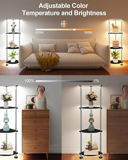RGB Floor Lamp with Shelves Tall Lamp with Wireless Charger & USB Port Ambiance Lighting with Music Sync Dimmable and Timing Standing Lamp for Bedroom 4 Tier Black - LeafyLoom
