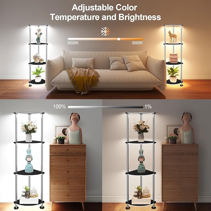 RGB Floor Lamp with Shelves Tall Lamp with Wireless Charger & USB Port Ambiance Lighting with Music Sync Dimmable and Timing Standing Lamp for Bedroom 4 Tier Black - LeafyLoom