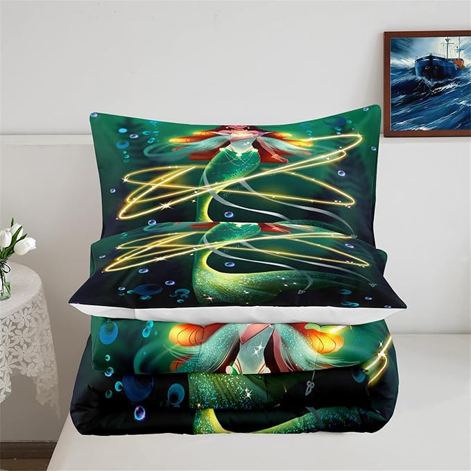 Mermaid Full Size Bedding Set Mermaid Bedding Full Bubble Mermaid Set for Girls Beautiful Mermaid Fairy Tale Bedding Set with 1 Comforter and 2 Pillowcases for Girls Bedroom Decor, Full Size - LeafyLoom