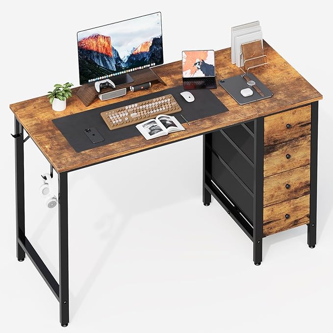 Lufeiya 47 inch Computer Desk with 4 Drawers, Writing Work Study Desk for Home Office Bedroom, Modern Simple Student PC Desks, Rustic Brown - LeafyLoom