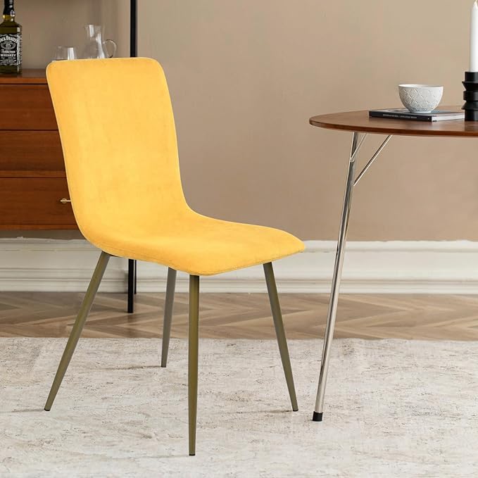 FurnitureR Modern Style Dining Chairs Set of 4, Comfy Side Chair with Fabric Seat Sturdy Metal Gold Legs for Kitchen Living Room Bedroom, Yellow - LeafyLoom