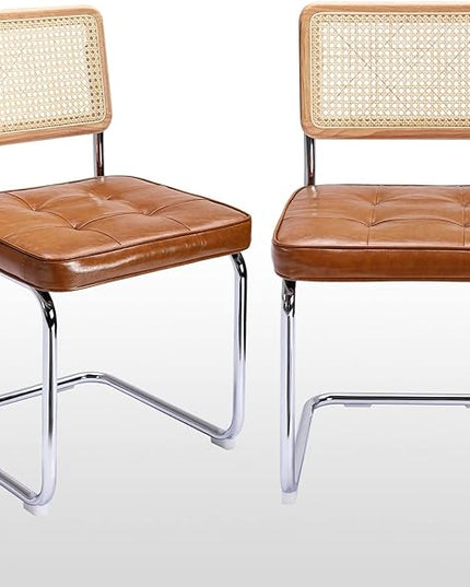Zesthouse Mid-Century Modern Dining Chairs, Upholstered Tufted Faux Leather Accent Chairs Rattan Dining Chairs Set of 2, Armless Mesh Back Cane Chairs with Metal Chrome Legs, Brown - LeafyLoom
