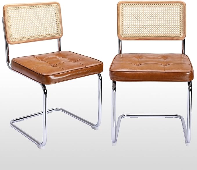 Zesthouse Mid-Century Modern Dining Chairs, Upholstered Tufted Faux Leather Accent Chairs Rattan Dining Chairs Set of 2, Armless Mesh Back Cane Chairs with Metal Chrome Legs, Brown - LeafyLoom