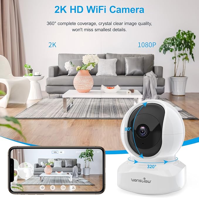 Home Security Camera, Baby Camera, 2K wansview WiFi Camera for Pet/Nanny, Motion Alerts, 2 Way Audio, Night Vision, Compatible with Alexa Echo Show, with TF Card Slot and Cloud Wansview