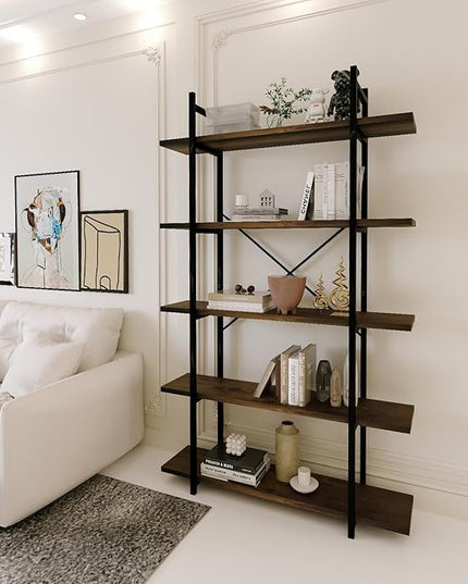 5 Tiers Bookshelf Organizer Industrial shelf,Modern Open Display Storage Bookcase,Rustic Brown and Metal Bookshelf Standing Storage Shelf Tall Shelving Units for Home Office Study. - LeafyLoom