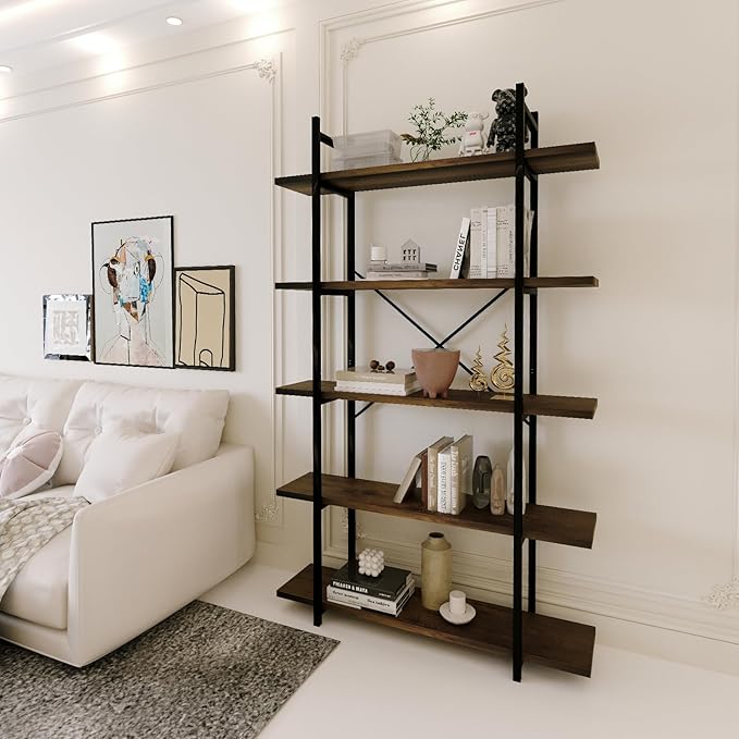 5 Tiers Bookshelf Organizer Industrial shelf,Modern Open Display Storage Bookcase,Rustic Brown and Metal Bookshelf Standing Storage Shelf Tall Shelving Units for Home Office Study. - LeafyLoom