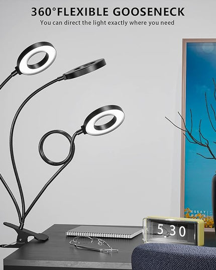 Juhefa Clip on Light, USB Powered LED Desk Lamp with Gooseneck for Reading in Bed, Headboard, Office, Makeup, 10-Level Dimmable, 3 Colors Changable (with Adapter) - LeafyLoom