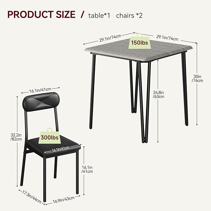 Dining Table for 2, Small Square kitchen Dinner Table Set for 2,Space Saving Wood Modern Dinette With Upholstered,Dining Room Furniture for Breakfast Nook, Apartment,Home Office Small Space,3 Piece - LeafyLoom
