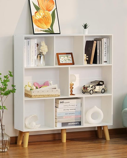 YAHARBO 8 Cube White Bookshelf,3 Tier Book Shelf with Legs,Modern Minimalist Bookcase,Open Book Shelves Storage Organizer,Frees Standing Wooden Display Bookcases for Small Space,Bedroom,Living Room - LeafyLoom