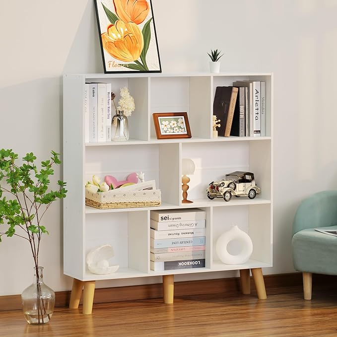 YAHARBO 8 Cube White Bookshelf,3 Tier Book Shelf with Legs,Modern Minimalist Bookcase,Open Book Shelves Storage Organizer,Frees Standing Wooden Display Bookcases for Small Space,Bedroom,Living Room - LeafyLoom