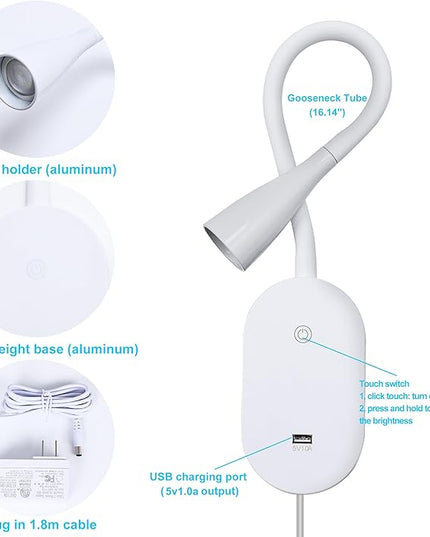 QinYing Reading Lights for Books in Bed, Wall Mounted Book Light for Reading in Bed, USB Charging 5 Dimming Levels Headboard Reading Lamp, Touch Control LED Flexible Gooseneck 4000k Bed Lights, White - LeafyLoom