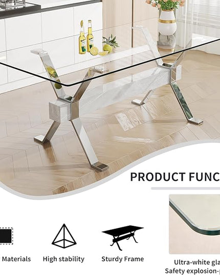 NicBex Dining Table Modern Tempered Glass Dining Table Large Modern Office Desk with Silver Plated Metal Legs and MDF Crossbars, Suitable for Both Home and Office Use, Silver + White - LeafyLoom