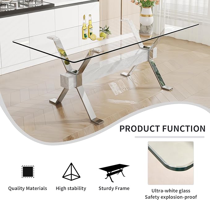 NicBex Dining Table Modern Tempered Glass Dining Table Large Modern Office Desk with Silver Plated Metal Legs and MDF Crossbars, Suitable for Both Home and Office Use, Silver + White - LeafyLoom