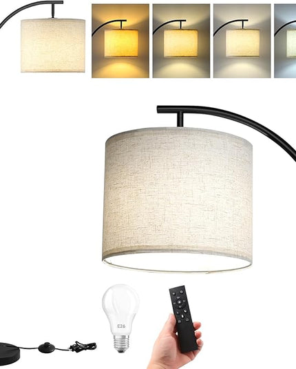 Floor Lamp for Living Room with 4 Color Temperatures, Standing Lamp with Adjustable Linen Shade， Remote Control and Stepless Dimmable tall lamp for Bedroom, Office，9W Bulb Included（Black） - LeafyLoom