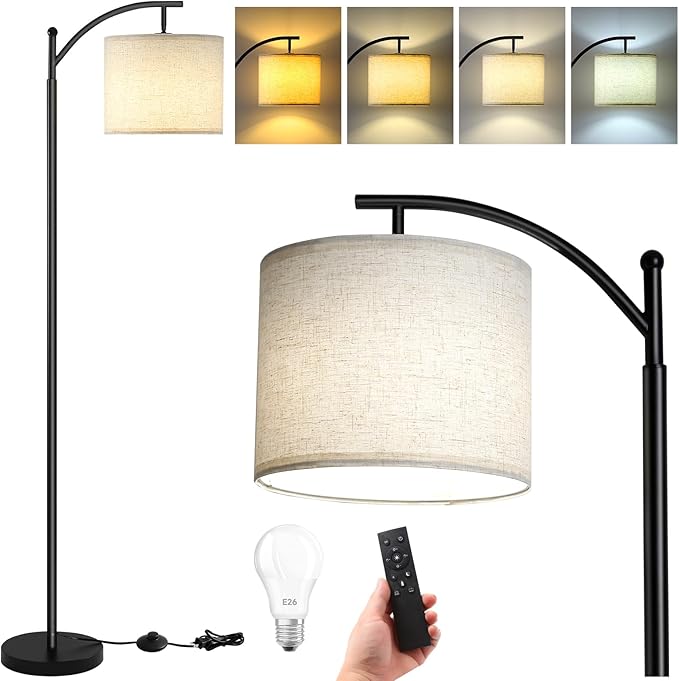 Floor Lamp for Living Room with 4 Color Temperatures, Standing Lamp with Adjustable Linen Shade， Remote Control and Stepless Dimmable tall lamp for Bedroom, Office，9W Bulb Included（Black） - LeafyLoom