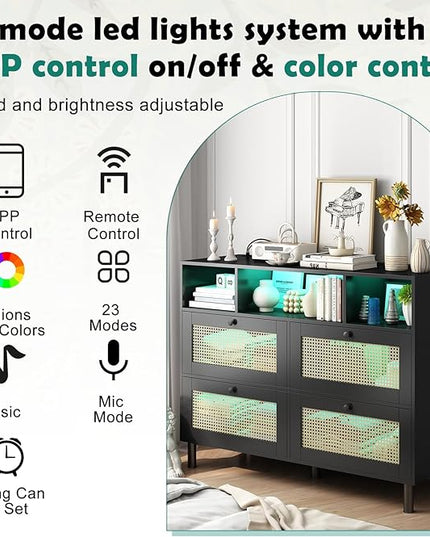 Sideboard Buffet Cabinet, Kitchen Storage Cabinet with Power Outlet & Led Lights, Accent Cabinet with 4 Rattan Doors, Black - LeafyLoom