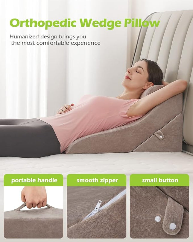3pcs Wedge Pillow Set with Memory Foam, Orthopedic Wedge Pillow for Sleeping Sitting Reading, Wedge Pillows for After Surgery Incline Sleep Pillow Wedge for Snoring - LeafyLoom