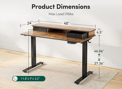 FEZIBO 40 x 24 Inch Height Adjustable Electric Standing Desk with Double Drawer, Stand Up Desk with Storage Shelf, Sit Stand Desk, Rustic Brown - LeafyLoom