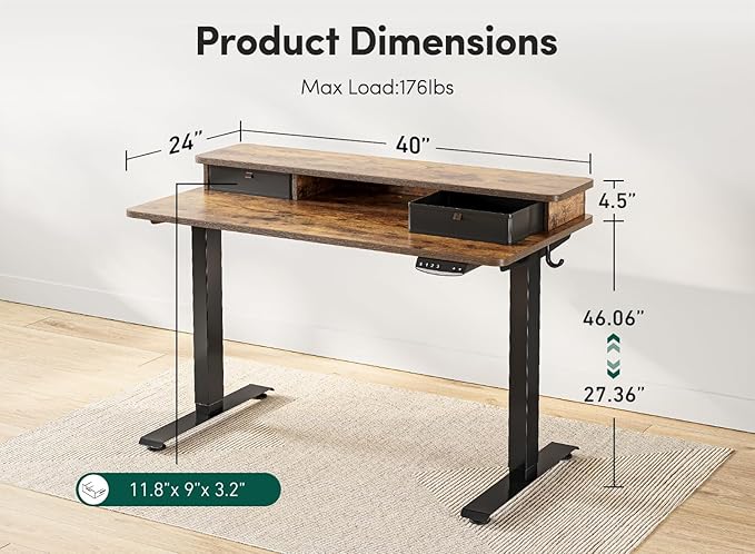 FEZIBO 40 x 24 Inch Height Adjustable Electric Standing Desk with Double Drawer, Stand Up Desk with Storage Shelf, Sit Stand Desk, Rustic Brown - LeafyLoom