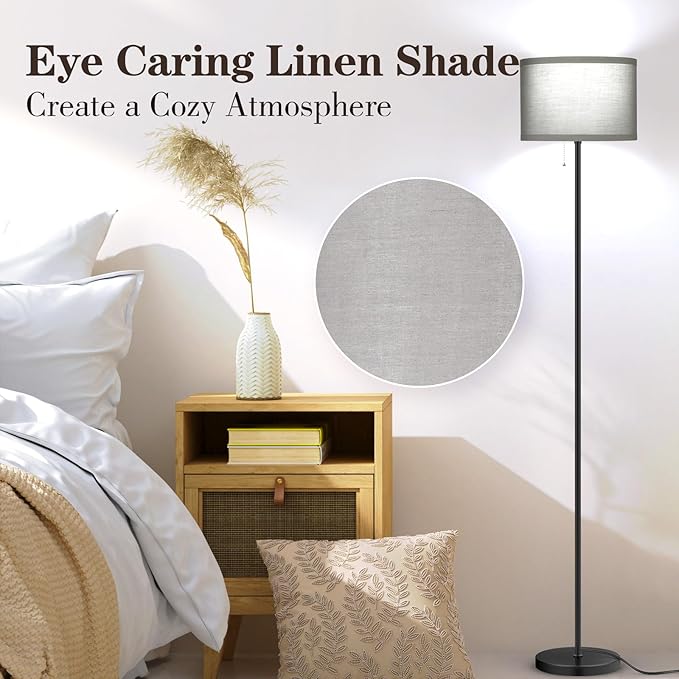 LED Floor Lamp for Bedroom, 3 Color Temperature Modern Standing Lamp, Modern Tall Lamp for Living Room, Grey Minimalist Pole Lamp with Pull Chain, Stand Up Lamp for Nursery Hotel, 9W Bulb Included - LeafyLoom